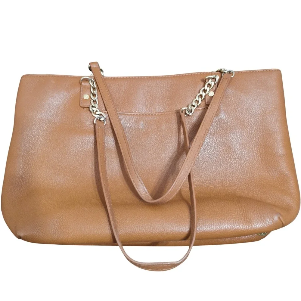 Michael Kors Pebbled Leather Tote Bag Luggage Brown Gold Chain Shoulder Bag